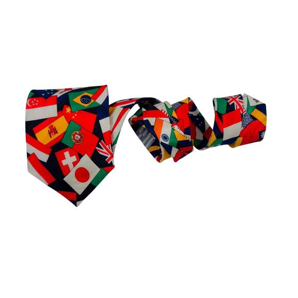 Woolmark Collection 100% Silk Multi-Color International Flag Print Tie - Picture 1 of 7